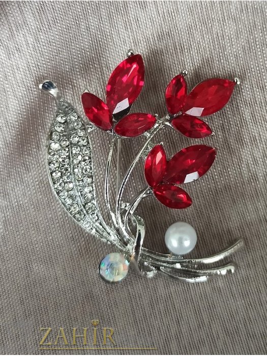 Дамски бижута - Нежна брошка цвете с малка бяла перла и червени и бели кристалчета на сребриста основа, размер 5 на 4 см, супер изработка - B1345
